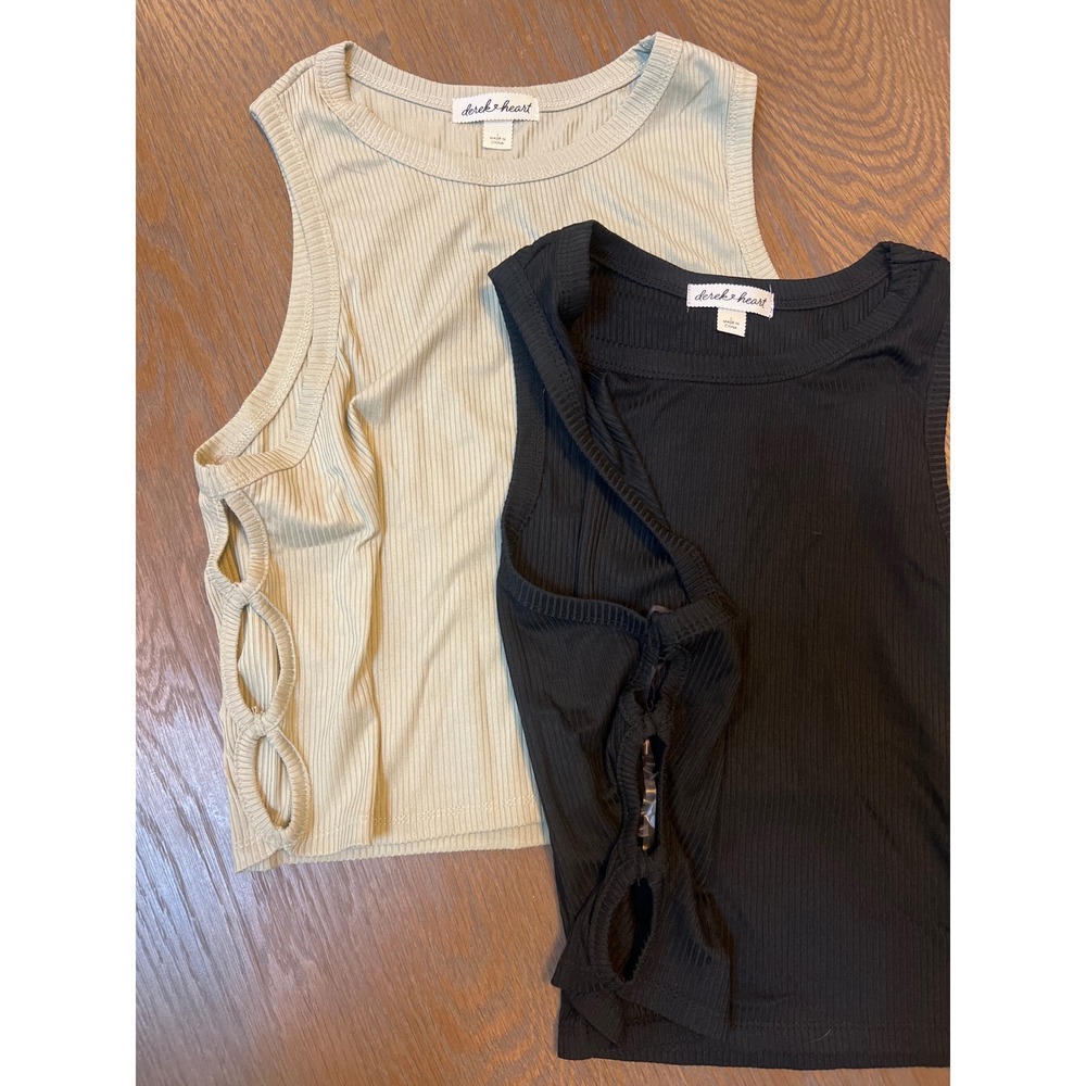 Derek Heart Womens 2pk Ribbed Side Cutout Crop Tank Tops Black Sage Green Large - Picture 2 of 3